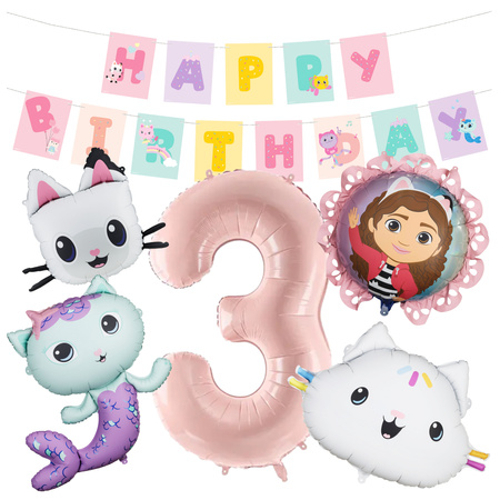 Balony na 3 urodziny Koci Domek Gabi foliowe zestaw zes-GABI15