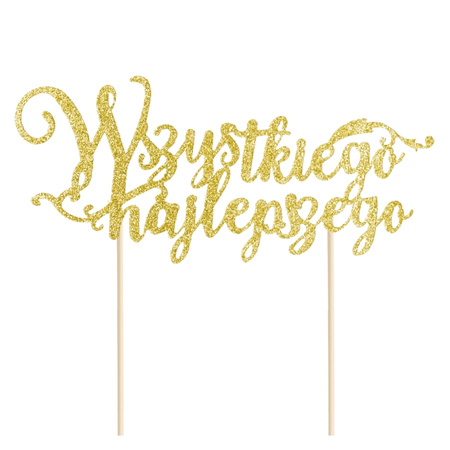 Topper na tort z napisem Wszystkiego najlepszego złoty brokatowy 19cm 1 sztuka 512102