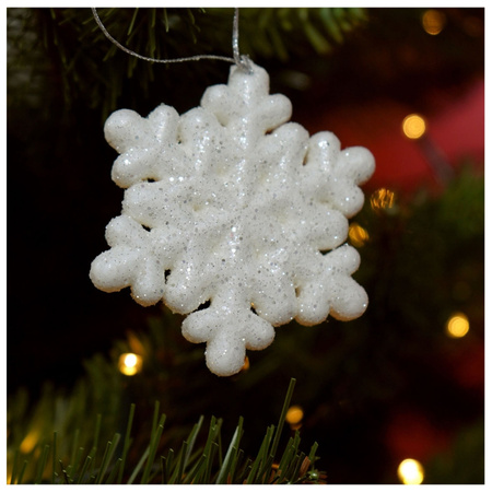 Zawieszki na choinkę śnieżynki białe brokatowe 7cm 8 sztuk BN0332