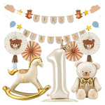 Balony girlanda na Roczek napis First Birthday misie zestaw