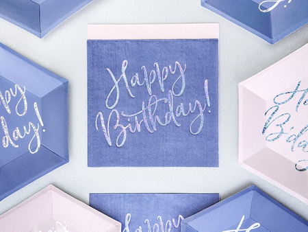 Niebieskie serwetki na urodziny Happy Birthday holo 33cm 20 sztuk SP33-80-074