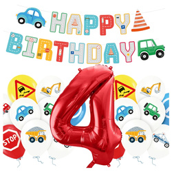 Balony na 4 urodziny Pojazdy Budowa baner Happy Birthday zestaw zes-AUTO17