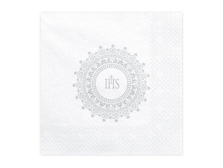 Serwetki komunijne białe IHS srebrny ornament 33x33cm 240 sztuk 12 paczek SP33-63-018-KARTON