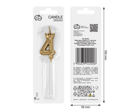 Świeczka na tort cyfra 4 z koroną szampańskie złoto 6 cm 1 sztuka HC-SCK4