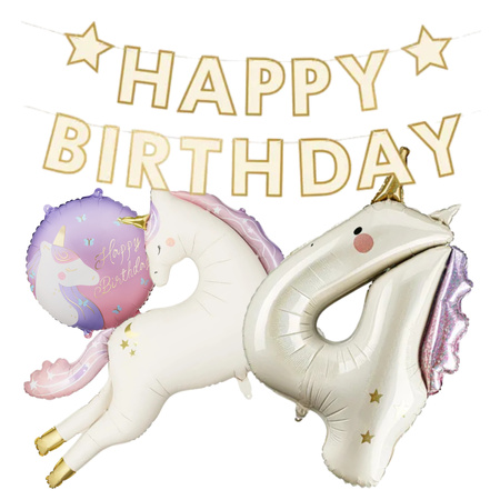 Dekoracje na 4 urodziny Jednorożce baner balony zestaw zes-JED11