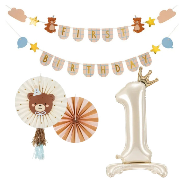 Balony girlanda na Roczek napis First Birthday misie zestaw