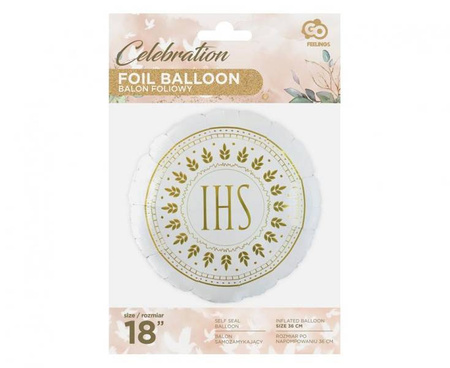 Balon foliowy biały IHS Pierwsza Komunia Święta 46cm 1szt FG-OIHS