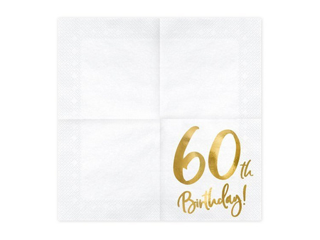 Serwetki na 60 urodziny białe złoty nadruk 33x33cm 20 sztuk SP33-77-60-008 