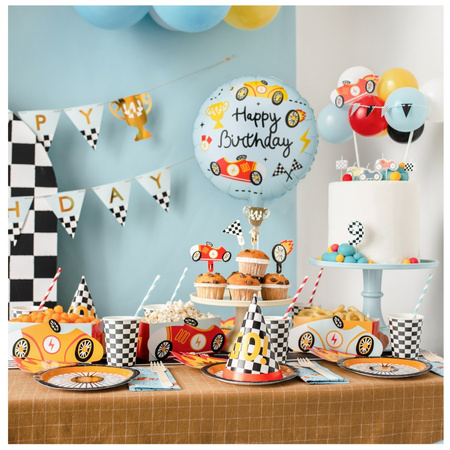 Balon foliowy sportowe auta z napisem Happy Birthday pastylka okrągły 35 cm 1 sztuka FB342