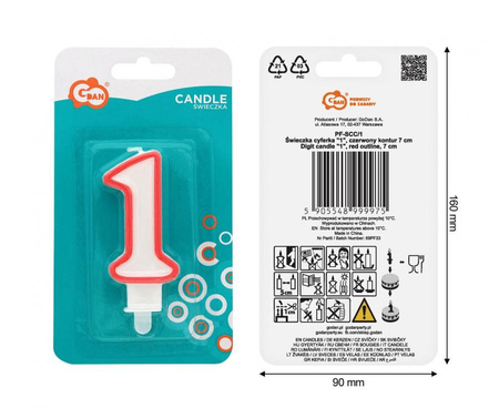 Świeczka na tort cyfra 1 czerwony kontur 8 cm 1 sztuka PF-SCC/1
