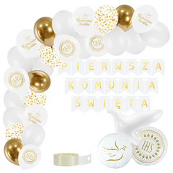 Zestaw dekoracji na Komunię baner balony białe złote A68