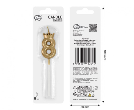 Świeczka na tort cyfra 8 z koroną szampańskie złoto 6 cm 1 sztuka HC-SCK8