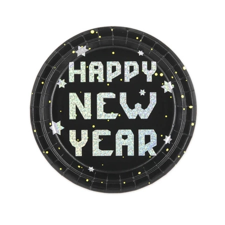 Talerzyki na Sylwestra Happy New Year czarne 18cm 6 sztuk 140543