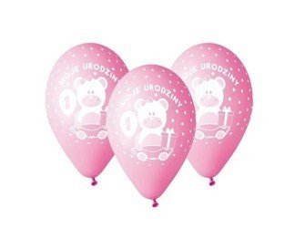 Balony 30cm Moje 1 urodziny z misiem 5 sztuk różowe GD-M1UD1