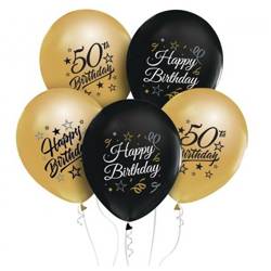 Balony Happy 50th Birthday czarno złote 30cm 5 sztuk GP-ZC50