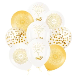 Balony komunijne białe i złote konfetti 30cm 9 sztuk 400506