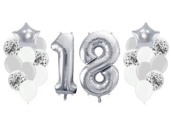 Balony na 18 urodziny srebrne 22 sztuki A10