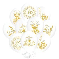Białe balony komunijne IHS złoty Kielich 30cm 10 sztuk 400822