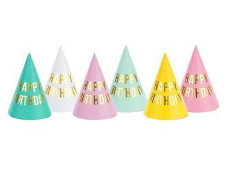 Czapeczki urodzinowe Happy Birthday mix kolorów 6 sztuk CPP22