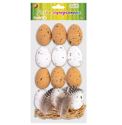 Jajka styropianowe nakrapiane z piórkami dekoracja na Wielkanoc 12 sztuk WPJ-4765