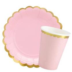 Kubeczki talerzyki na urodziny różowe ze złotym brzegiem papierowe ZES-UN9
