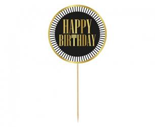 Topper na tort czarno złoty z napisem Happy Birthday 10cm 1 sztuka RV-DTPC