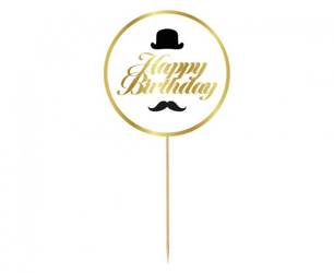 Topper na tort z napisem Happy Birthday wąsy kapelusz 10cm 1 sztuka RV-DHBK