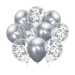 Zestaw balonów srebrny chrom i konfetti 30cm 10 sztuk 400412