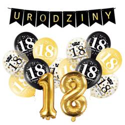 Zestaw dekoracji na 18 urodziny baner balony czarne złote A40