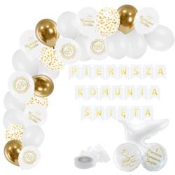 Zestaw dekoracji na Komunię baner balony białe złote A45