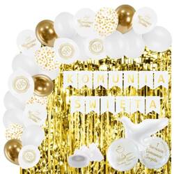 Zestaw dekoracji na Komunię baner balony kurtyna białe złote A47