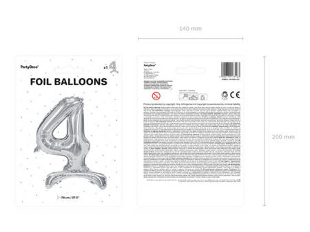 Balon foliowy cyfra stojąca 4 srebrna 70cm 1 sztuka FB102M-4-018