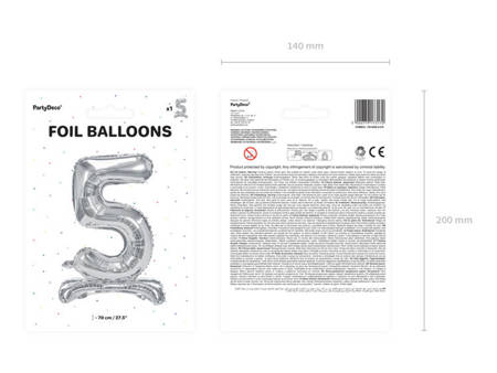 Balon foliowy cyfra stojąca 5 srebrna 70cm 1 sztuka FB102M-5-018