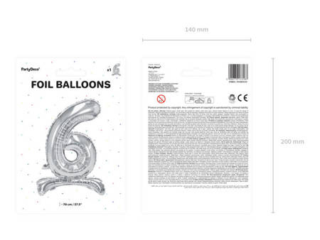 Balon foliowy cyfra stojąca 6 srebrna 70cm 1 sztuka FB102M-6-018