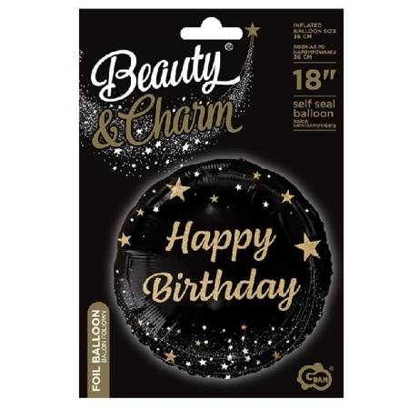 Balon foliowy na urodziny Happy Birthday czarny ze złotym nadrukiem 45cm 1sztuka FG-OHBC