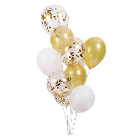 Balony białe i złote mix z konfetti 30cm 10 sztuk 400863