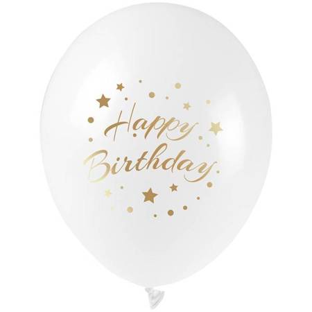 Balony na urodziny białe ze złotym nadrukiem Happy Birthday ......cm 5 sztuk KB2877