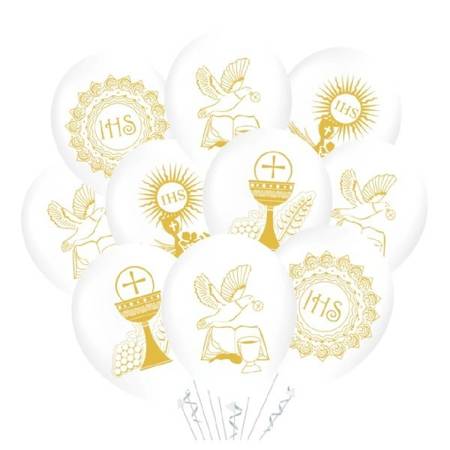 Białe balony komunijne IHS złoty Kielich 30cm 10 sztuk 400821