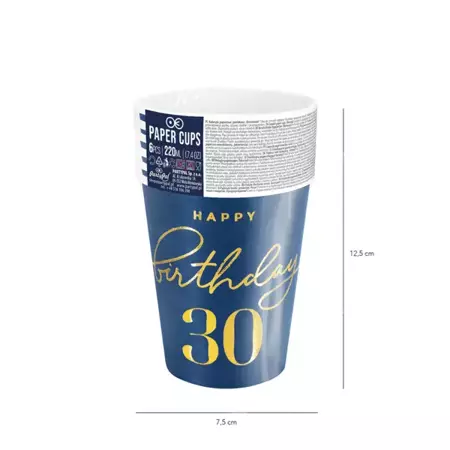 Kubeczki papierowe urodzinowe Happy Birthday 30 granatowe 220ml 6 sztuk 130377
