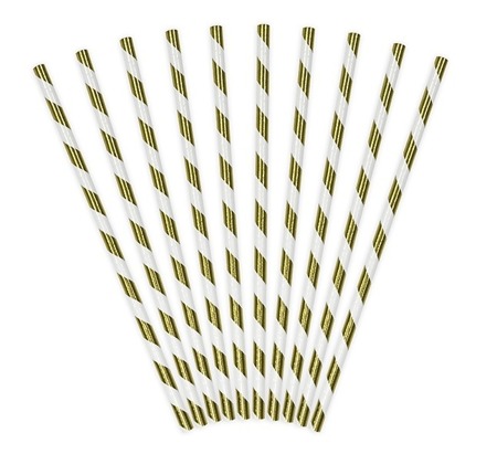 Słomki papierowe złote metaliczne w paski 10 sztuk SPP1M-019