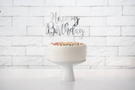 Topper na tort Happy Birthday srebrny 22,5cm KPT11-018M