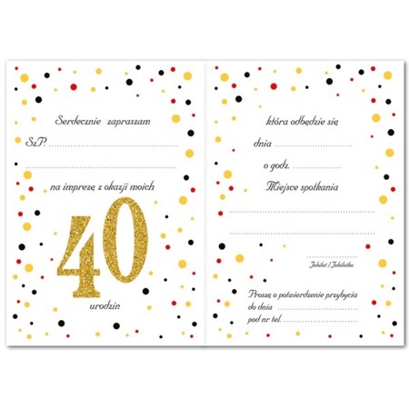 Zaproszenia na 40 urodziny brokatowe z kopertą 10 sztuk ZB6819-10