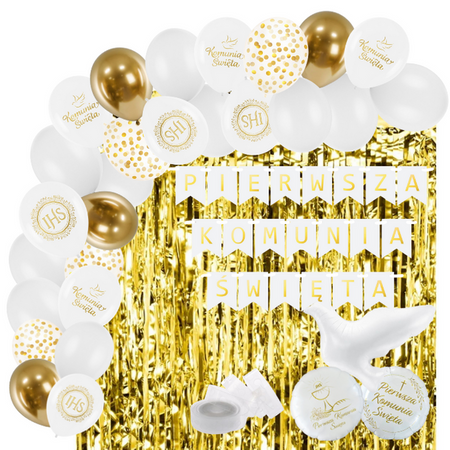 Zestaw dekoracji na Komunię baner balony kurtyna białe złote A54