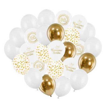 Zestaw dekoracji na Komunię baner balony kurtyna białe złote A54