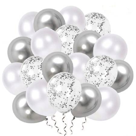 Zestaw srebrnych balonów mix konfetti 30cm 20 sztuk 400876